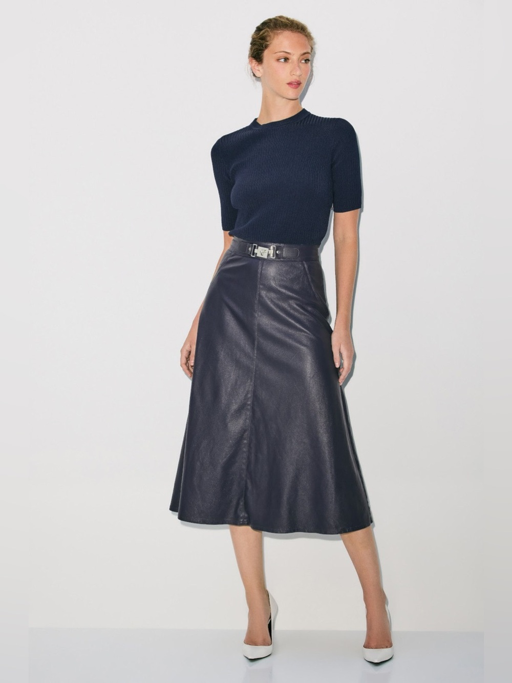 Shoshanna Navy Leather Midi Skirt with Belt